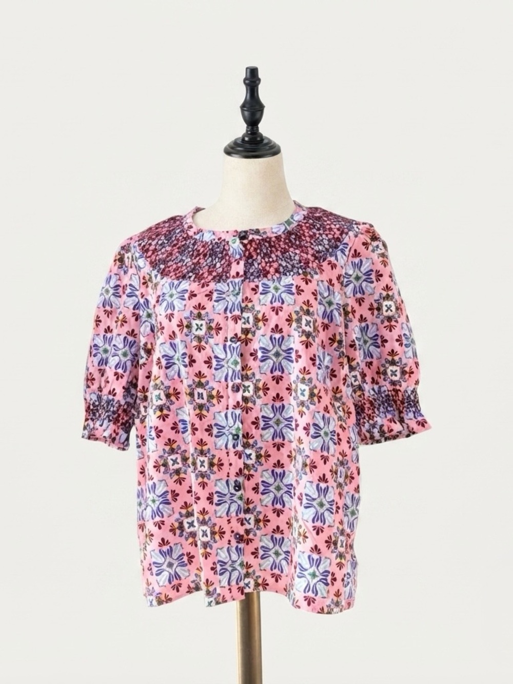 Boden Effie Pink Floral Smocked Short Sleeve Boho Top Size US 14